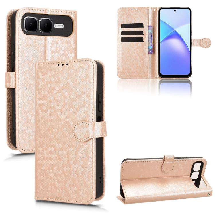 Light gold honeycomb dot leather phone case with flip wallet stand and card slots