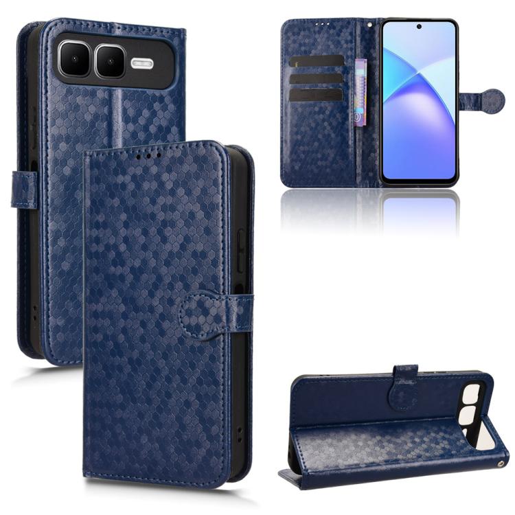 Navy honeycomb dot leather phone case with flip wallet stand and card slots
