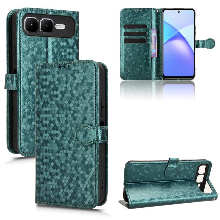 Teal honeycomb dot leather phone case with flip wallet stand and card slots