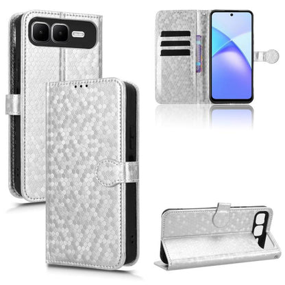 Silver honeycomb dot leather phone case with flip wallet stand and card slots
