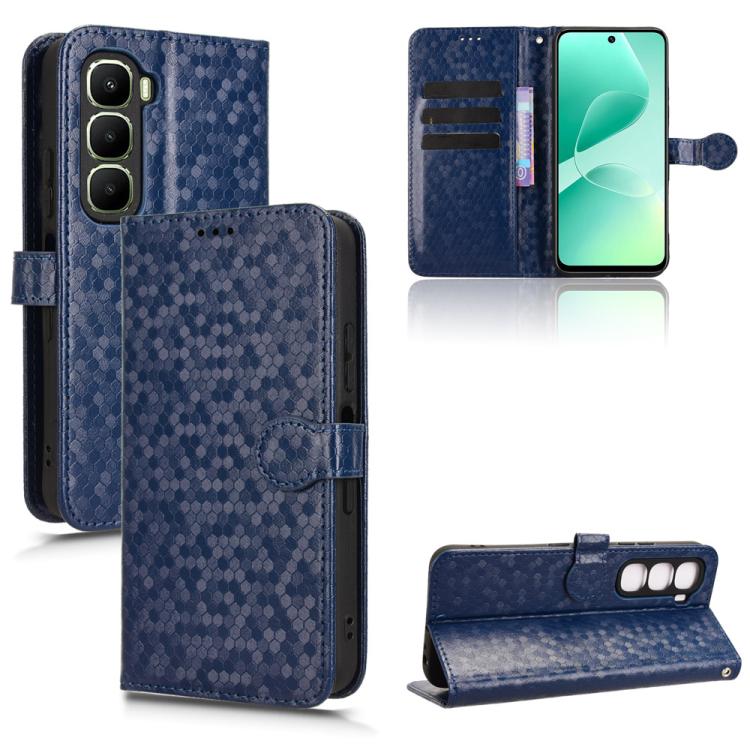 Dark blue honeycomb-dot leather-style phone case with folio flap and card holder slots