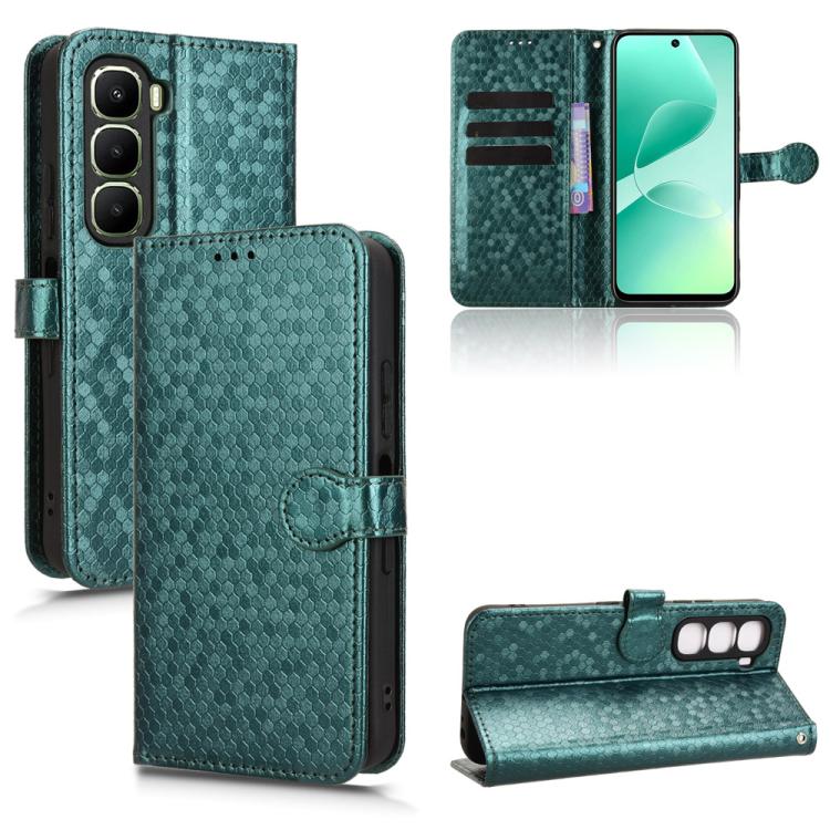 Green honeycomb-dot leather-style phone case with folio flap and card holder slots