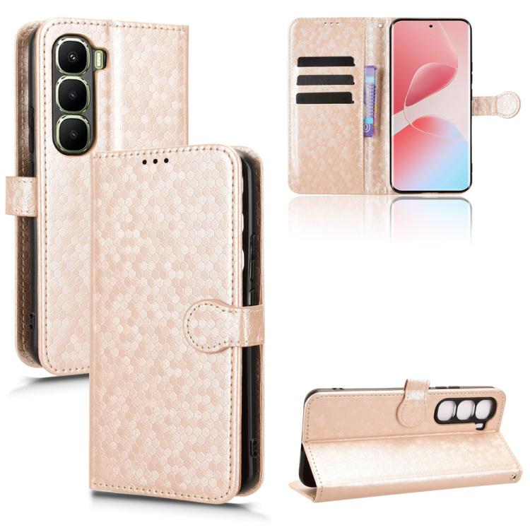 Beige honeycomb dot leather phone case with flip wallet stand and card slots
