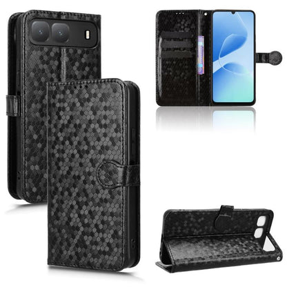 Black honeycomb-dot leather-style phone case with folio flap and card holder slots