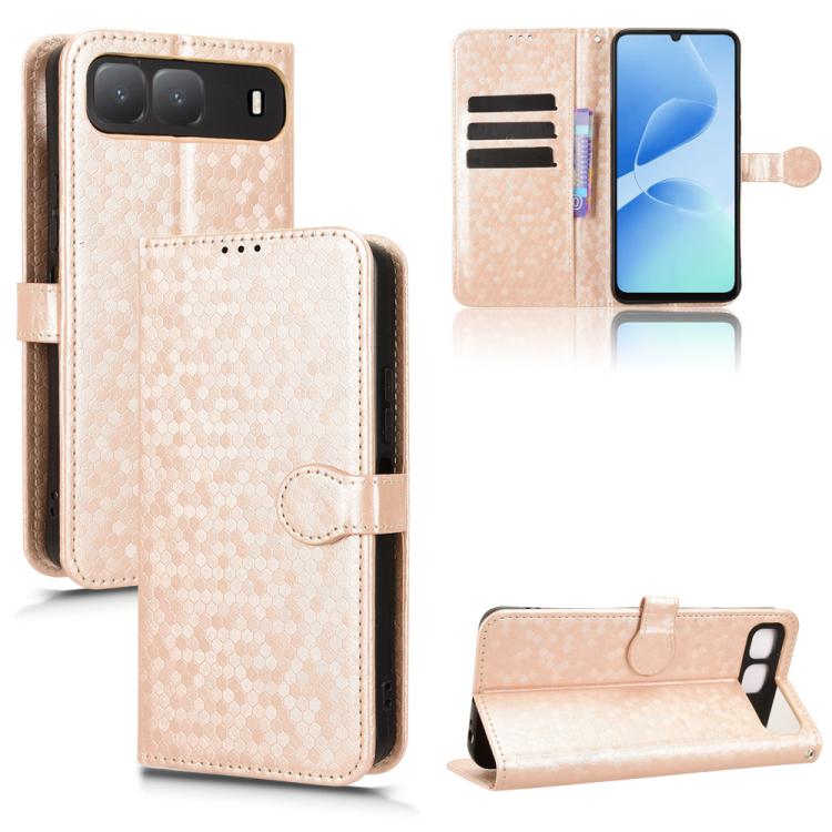 Light pink honeycomb-dot leather-style phone case with folio flap and card holder slots