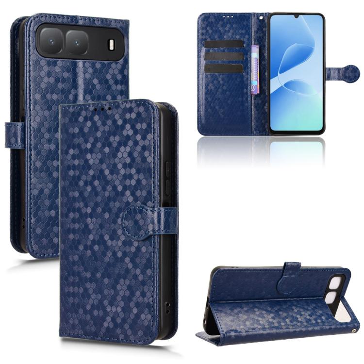 Navy blue honeycomb-dot leather-style phone case with folio flap and card holder slots