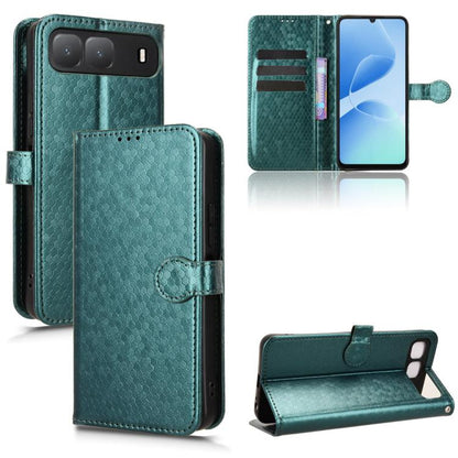 Teal green honeycomb-dot leather-style phone case with folio flap and card holder slots