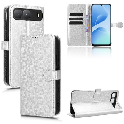 White honeycomb-dot leather-style phone case with folio flap and card holder slots