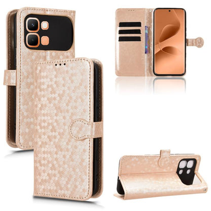 Gold leather phone case with honeycomb dot texture, flip cover with stand feature