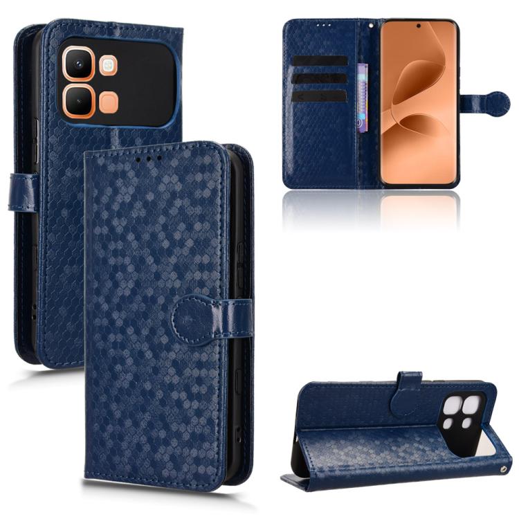 Blue leather phone case with honeycomb dot texture, flip cover with stand feature
