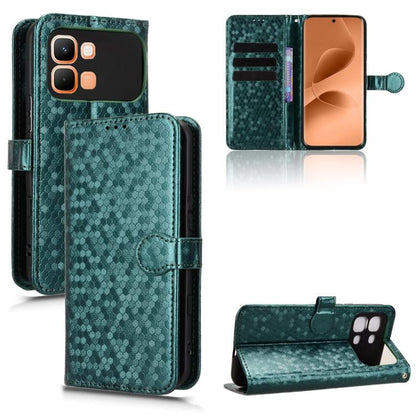 Green leather phone case with honeycomb dot texture, flip cover with stand feature