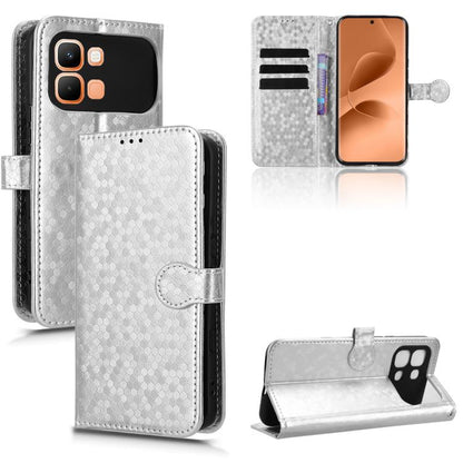 White leather phone case with honeycomb dot texture, flip cover with stand feature