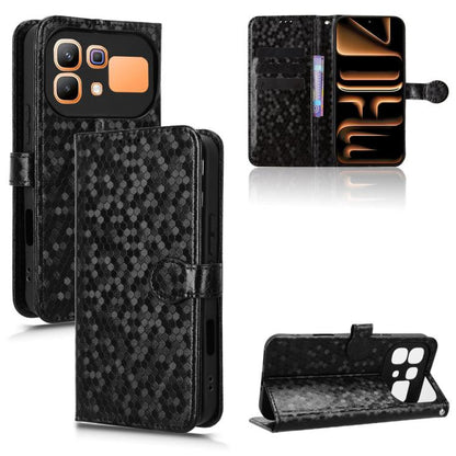 Leather phone case with honeycomb dot texture and flip wallet, black, side cutout visible.