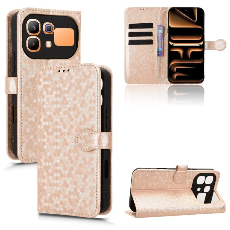 Leather phone case with honeycomb dot texture and flip wallet, beige-gold, front flap up.