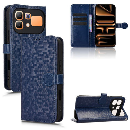 Leather phone case with honeycomb dot texture and flip wallet, navy blue, kickstand open.