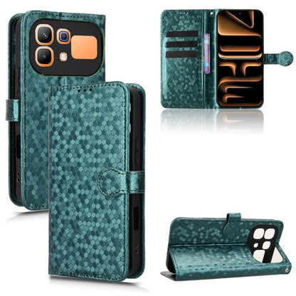 Leather phone case with honeycomb dot texture and flip wallet, dark green, kickstand open.