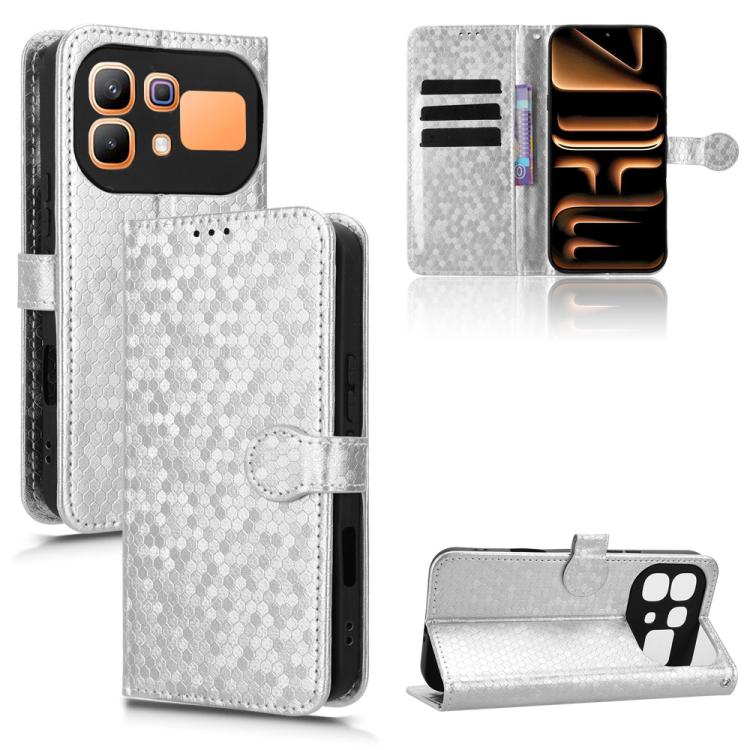 Leather phone case with honeycomb dot texture and flip wallet, light gray-silver, kickstand open.