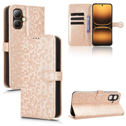 Leather phone case with honeycomb dot texture and flip wallet, beige-gold.