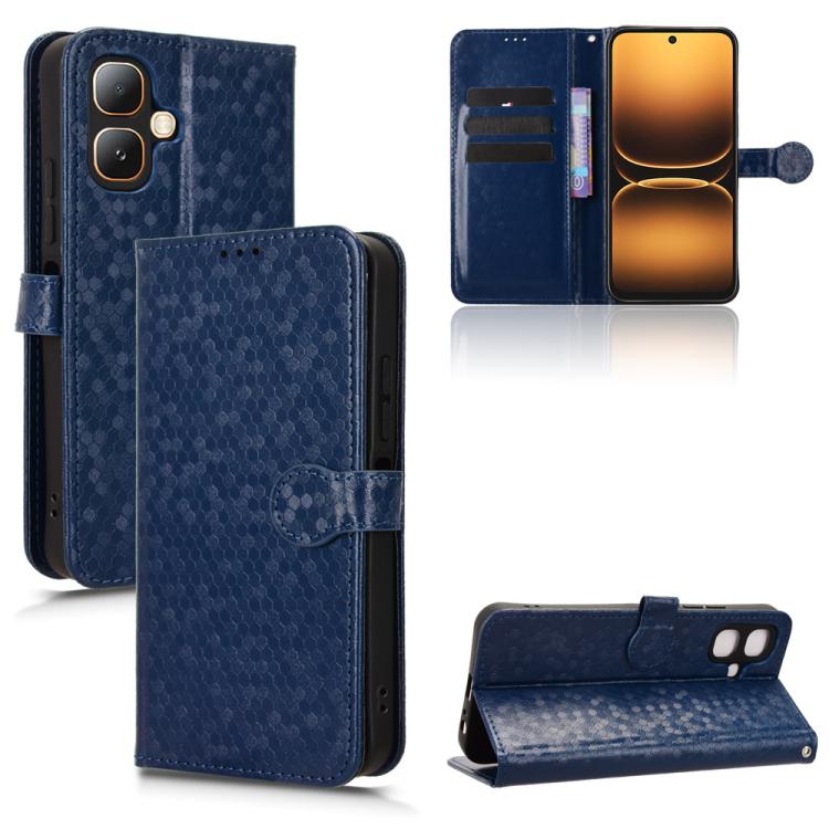 Leather phone case with honeycomb dot texture and flip wallet, navy blue.