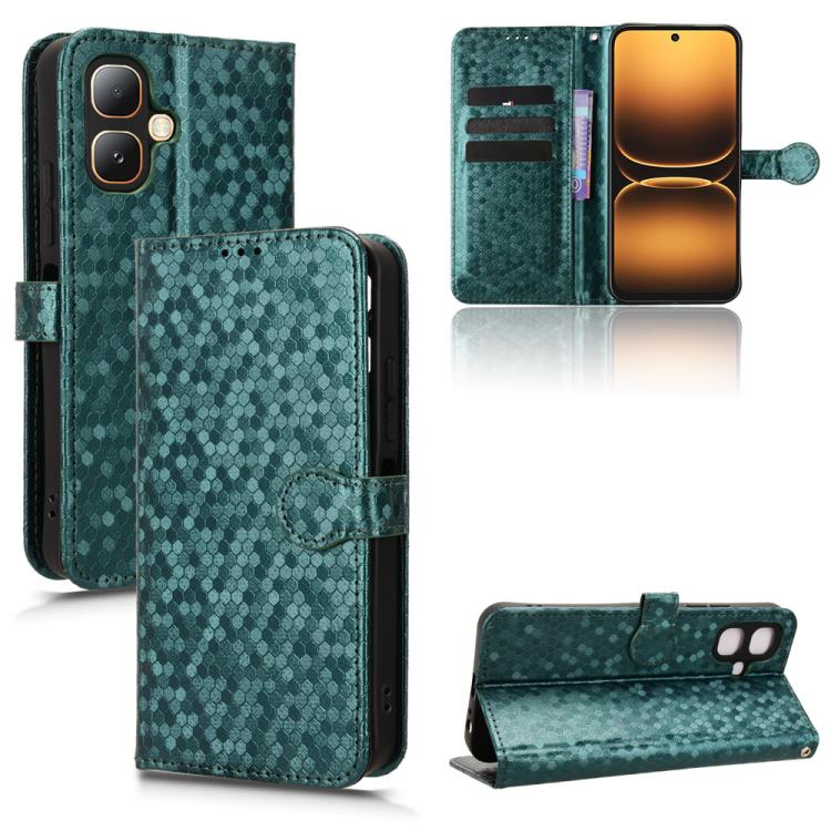 Leather phone case with honeycomb dot texture and flip wallet, dark green.