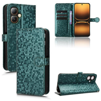 Leather phone case with honeycomb dot texture and flip wallet, dark green.
