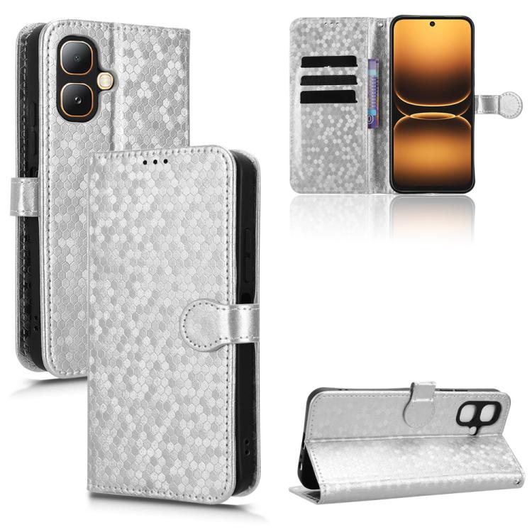 Leather phone case with honeycomb dot texture and flip wallet, light gray-silver.