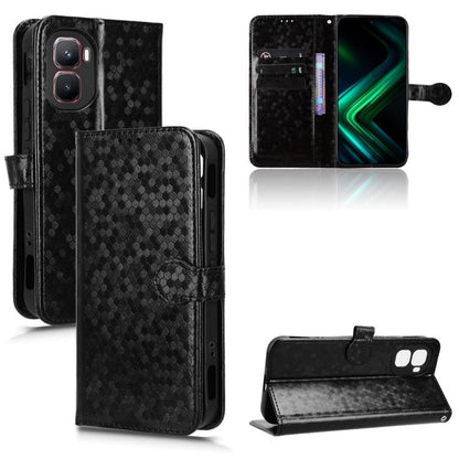 Black honeycomb dot leather phone case with flip cover, card slots, and magnetic strap
