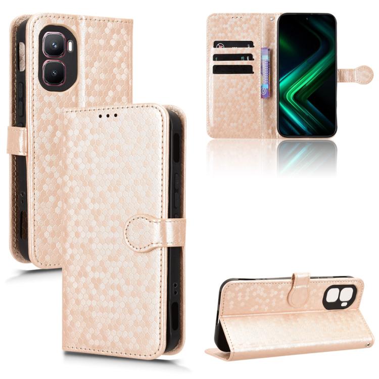 Beige honeycomb dot leather phone case with flip cover, card slots, and magnetic strap