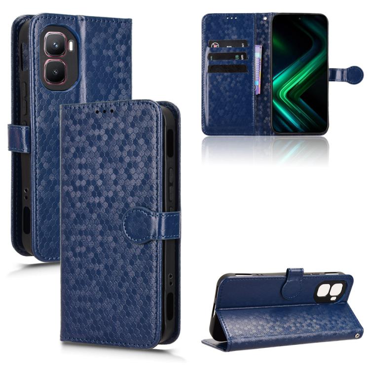 Blue honeycomb dot leather phone case with flip cover, card slots, and magnetic strap