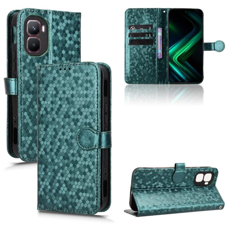 Green honeycomb dot leather phone case with flip cover, card slots, and magnetic strap