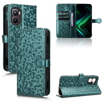 Green honeycomb dot leather phone case with flip cover, card slots, and magnetic strap