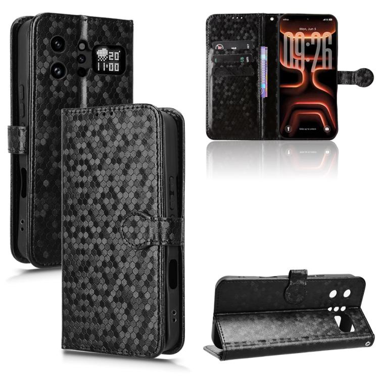 Black leather phone case with honeycomb dot texture, flip cover and card slots