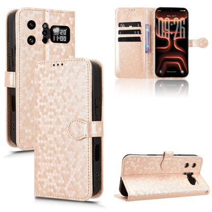 Gold leather phone case with honeycomb dot texture, flip cover and card slots