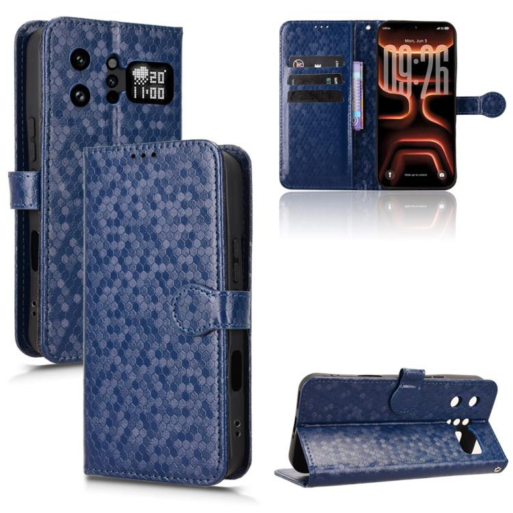 Blue leather phone case with honeycomb dot texture, flip cover and card slots