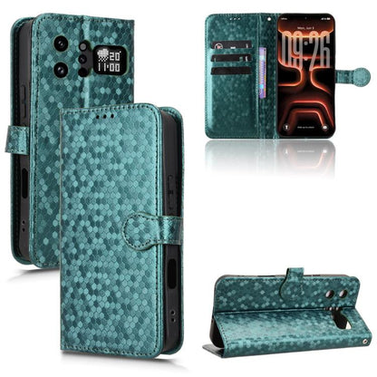 Green leather phone case with honeycomb dot texture, flip cover and card slots