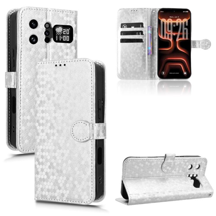 White leather phone case with honeycomb dot texture, flip cover and card slots