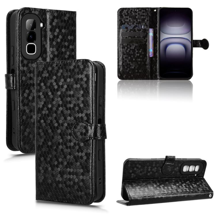Black honeycomb dot leather phone case with flip cover, card slots, and magnetic strap