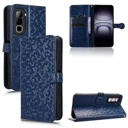 Blue honeycomb dot leather phone case with flip cover, card slots, and magnetic strap