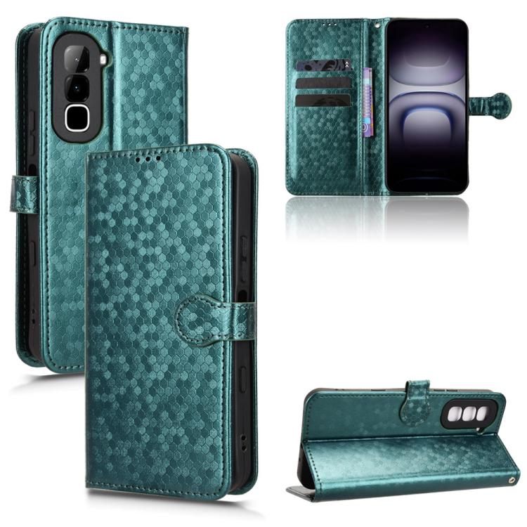 Green honeycomb dot leather phone case with flip cover, card slots, and magnetic strap