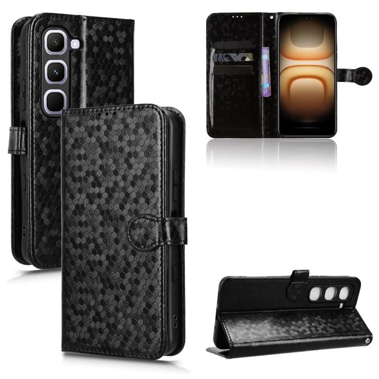 Black honeycomb-pattern leather phone wallet case with flip cover and card slots