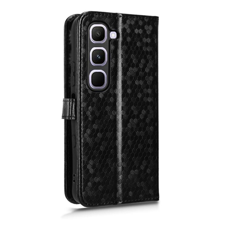 Black honeycomb-dot leather phone case with camera cutouts and button access