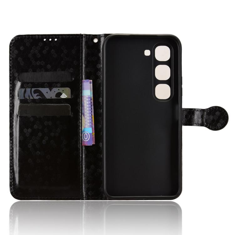 Black leather phone wallet case open to reveal card slots and phone back cover