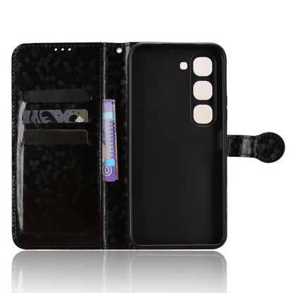Black leather phone wallet case open to reveal card slots and phone back cover