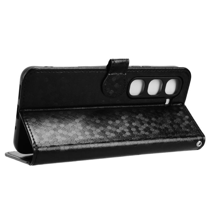Black leather flip phone wallet case with stand and camera-area cutout