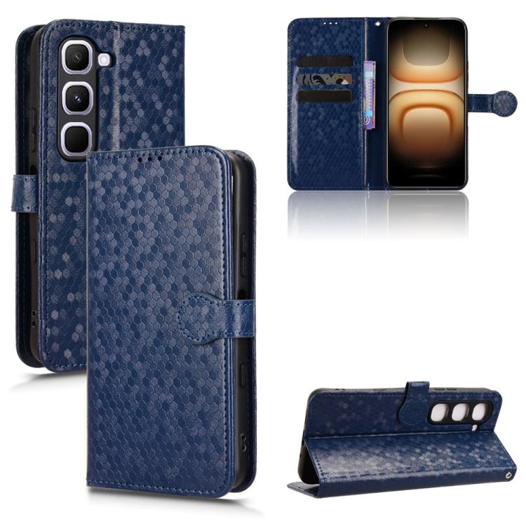Blue honeycomb-pattern leather phone wallet case with flip cover and card holder