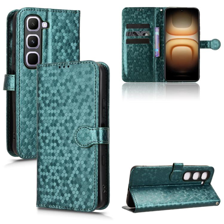 Teal green honeycomb leather phone wallet case with flip cover and card slots
