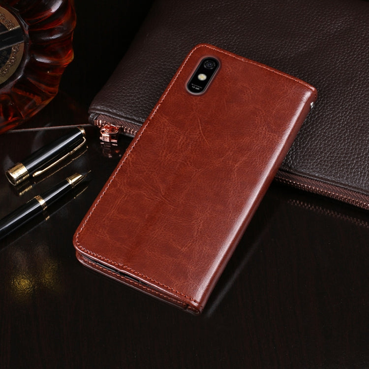 Brown crazy horse leather flip phone case with card holder and stitched edges