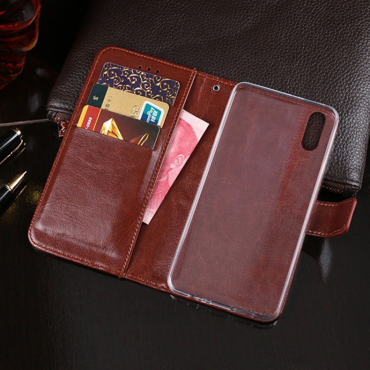 Brown leather flip phone case with built-in card slots and inner back cover