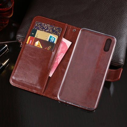 Brown leather flip phone case with built-in card slots and inner back cover