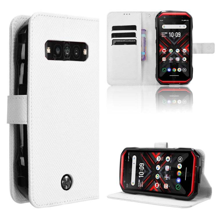 White leather phone case with textured cover and kickstand; visible camera cutout